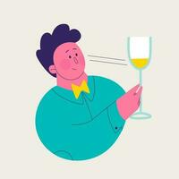 Single illustration from a set of white wine tasting. Cute man exploring the color and shade of the wine. Vector trendy isolated illustrations for design.