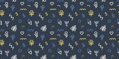 Abstract seamless pattern with small geometric and floral elements. Vector pattern with dark background for design.