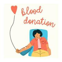 Vector illustration of a woman voluntarily donates blood. Blood donation concept. Flat trending character.