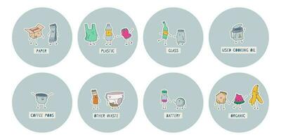 Waste sorting stickers. Plastic, paper, glass, coffee capsules, batteries, etc. Funny kawaii garbage characters. vector