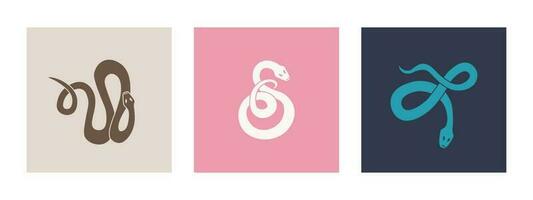 Set of graphic elements of cute twisted colorful snakes. Multi-colored serpents on contrasting backgrounds. Vector isolated illustration for design.