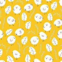 Seamless pattern with white chicks, chickens, sprigs of plants and leaves. Vector repeating elements for Easter design on a yellow background.