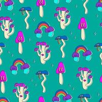 Seamless pattern of classic psychedelic cartoon mushrooms with faces, eyes, tongues and cheeks. Cute vector neon multicolor repeating print on green background.