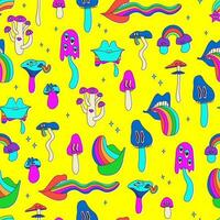 Psychedelic lips with rainbow tongue, mushrooms with eyes. Classic cartoon vector multicolor neon illustration. Vector seamless pattern for hippie design.