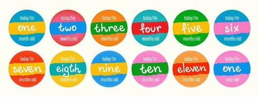 Set of vector lettering stickers today I'm 1, 2, 3, 4, 5, 6, 7, 8, 9, 10, 11, 12 months old. Happy birthday greeting card for baby under one year old. Colored handwritten illustrations.