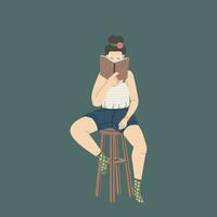 The girl sits on a high chair and reads a book. Vector flat illustration of trending character. The concept of self-development, hobbies, love of reading. Isolated