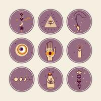 Vector highlight covers set for social media stories. Magic, esoteric concept. Collection of round icons of mystical objects.