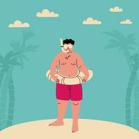 Chubby man in an underwater mask and an inflatable ring. Funny flat vector illustration. Fat person in swimsuit on beach with palm trees and clouds. Sports plus size persons.