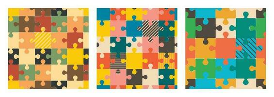 Multicolor puzzles. Set of vector seamless patterns for printing, textiles, paper. Flat trending design.