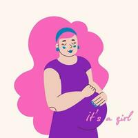 Pregnant lovely young woman with pink hair. Text it is a girl. Illustration for sticker or greeting card for gender reveal party. vector