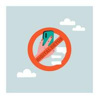 Digital detox. Prohibition to use a mobile phone. Hand holding a smartphone in a crossed out circle. No phone. vector