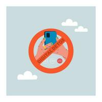 Digital detox. Prohibition to use a mobile phone. Hand holding a smartphone in a crossed out circle. No phone. vector