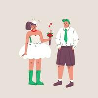 Wedding of young men and women. Bride and groom in a suit and holding flowers, wedding anniversary. Punk style wedding dresses. Cute vector isolated illustrations.