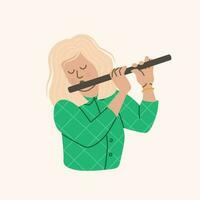 mujer músico. niña flautista. el rubia obras de teatro el flauta. vector ilustración aislado en blanco antecedentes.