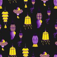 Seamless pattern with various Indian lanterns. Hand painted holiday candles and lights. Asian decorative items. Vector multicolor repeating background.