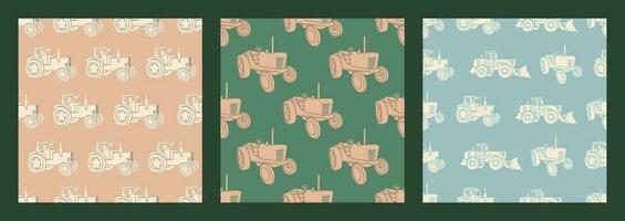 Set of vector seamless patterns agro concept with tractors and combines. Flat trending style, pastel colors.