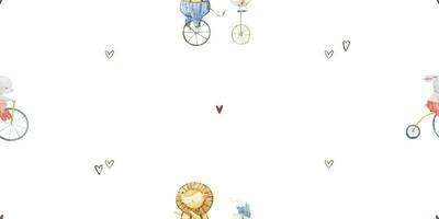 seamless, endless pattern with circus. Funny characters, trained animals on transport, jumping show, perfomance. Children's illustration, textile design, print on white background vector