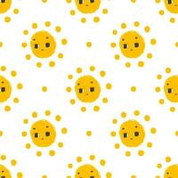 simple seamless pattern with funny yellow suns with face. Cute childish art with sun on white background. Baby design and print, fabric design, wall art, wrapping papper vector