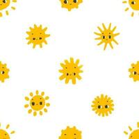 simple seamless pattern with funny yellow suns with face. Cute childish art with sun on white background. Baby design and print, fabric design, wall art, wrapping papper vector