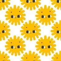 simple seamless pattern with funny yellow suns with face. Cute childish art with sun on white background. Baby design and print, fabric design, wall art, wrapping papper vector