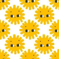 simple seamless pattern with funny yellow suns with face. Cute childish art with sun on white background. Baby design and print, fabric design, wall art, wrapping papper vector