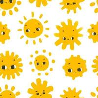 simple seamless pattern with funny yellow suns with face. Cute childish art with sun on white background. Baby design and print, fabric design, wall art, wrapping papper vector