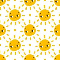 simple seamless pattern with funny yellow suns with face. Cute childish art with sun on white background. Baby design and print, fabric design, wall art, wrapping papper vector