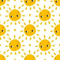 simple seamless pattern with funny yellow suns with face. Cute childish art with sun on white background. Baby design and print, fabric design, wall art, wrapping papper vector