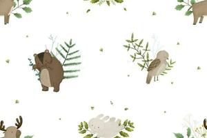 childish seamless pattern with forest animals and branches, leaves, baby design vector