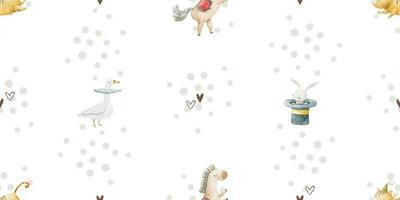 seamless, endless pattern with circus. Funny characters, trained animals on transport, jumping show, perfomance. Children's illustration, textile design, print on white background vector