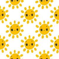 simple seamless pattern with funny yellow suns with face. Cute childish art with sun on white background. Baby design and print, fabric design, wall art, wrapping papper vector