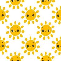 simple seamless pattern with funny yellow suns with face. Cute childish art with sun on white background. Baby design and print, fabric design, wall art, wrapping papper vector