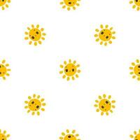 simple seamless pattern with funny yellow suns with face. Cute childish art with sun on white background. Baby design and print, fabric design, wall art, wrapping papper vector