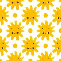 simple seamless pattern with funny yellow suns with face. Cute childish art with sun on white background. Baby design and print, fabric design, wall art, wrapping papper vector