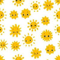 simple seamless pattern with funny yellow suns with face. Cute childish art with sun on white background. Baby design and print, fabric design, wall art, wrapping papper vector