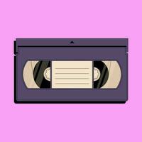 Retro video cassette icon in flat style isolated on pink background.  VHS videotape with empty label sticker.  Vintage object from 90s vector