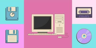 Back to 90s. Flat vector set of old computer pc, vintage video cassette, retro floppy disk, tape recorder cassette and compact disc. Nostalgia for 1990s