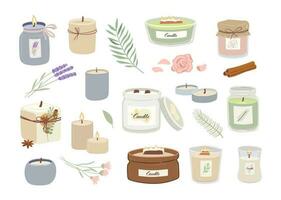 Set of scented candles and leaves for relax and spa isolated on white background. Aromatherapy hand draw vector illustration. Cozy home decoration. The aroma of pine, lavender, rose, cinnamon, citrus.