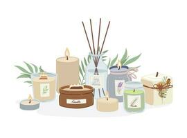 Set of burning cozy scented candles in jar flat cartoon vector illustrations. Aromatherapy and relax.