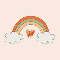 Retro 70s rainbov and heart vector illustration. Autumn vibe, vintage hippie style.