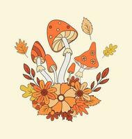 Stylized retro 70s hippie mushrooms flat vector illustration. Autumn vibe psychedelic element in vintage style.