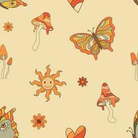 Autumn groovy vibes seamless pattern with mushrooms, butterfly celestial. Fall vibe vector illustration. Retro psychedelic hippie background in 70s style