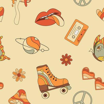 Hippie psychedelic groovy seamless pattern. Retro flowers, butterfly, roller skate, lips, cassette, peace sign. Surreal vector illustration