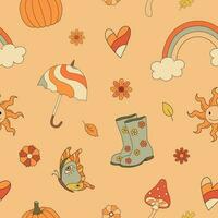 Autumn groovy seamless pattern with rainbow, mushrooms, umbrella. Fall vibes. Retro 70s vector illustration. Hippie style. Fabric, textile design