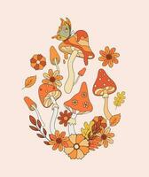 Retro 70s hippie mushrooms, leaves and butterfly flat vector illustration. Vintage autumn vibe psychedelic elements in 80s style.