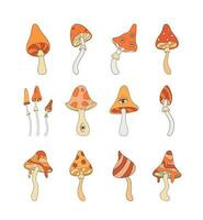 Set of vintage groovy mushrooms flat vector illustration in 70s and 80s style.  Retro autumn vibe elements, Boho hippie clipart on white background