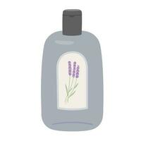 Shampoo bottle isolated on white background. Hand draw beauty hair care product with lavender. Herbal cosmetic flat vector illustration.