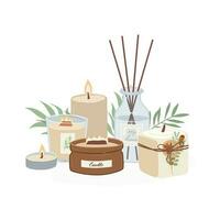 Set of hand drawn cozy scented candles and diffuser isolated on white background. Trendy aromatherapy, aroma sticks cartoon vector illustration.