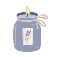 Hand drawn scented burning candle in a jar with lavender isolated on white background. Aromatherapy and relax flat vector illustration. Create romantic atmosphere, home decor