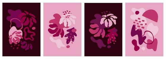 Set of modern abstract shapes and flower posters. Magenta and pink geometric background, banner, vector illustration. Minimalist forms